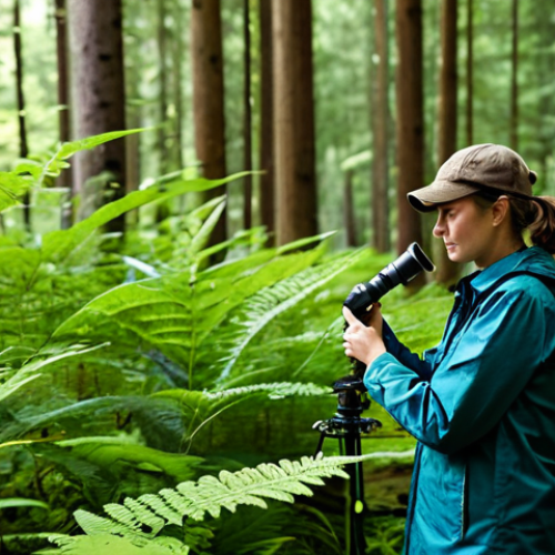 A dedicated professional biodiversity conservationist, fully clothed in durable, modest field attire, appropriate clothing. Standing in a lush, biodiverse temperate forest, carefully examining a plant specimen with a magnifying glass, or setting up a discreet wildlife camera. The environment is a vibrant forest ecosystem with tall trees and undergrowth, bathed in natural light, conveying a sense of quiet observation. Professional photography, high detail, natural pose, perfect anatomy, correct proportions, well-formed hands, proper finger count, natural body proportions. Safe for work, appropriate content, family-friendly.
