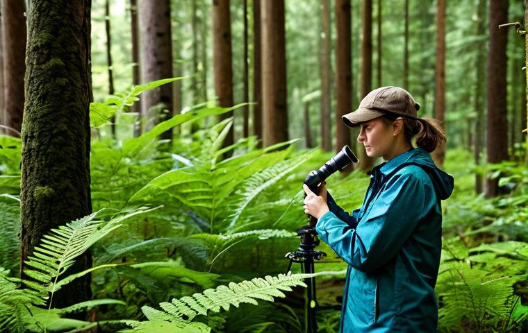 A dedicated professional biodiversity conservationist, fully clothed in durable, modest field attire, appropriate clothing. Standing in a lush, biodiverse temperate forest, carefully examining a plant specimen with a magnifying glass, or setting up a discreet wildlife camera. The environment is a vibrant forest ecosystem with tall trees and undergrowth, bathed in natural light, conveying a sense of quiet observation. Professional photography, high detail, natural pose, perfect anatomy, correct proportions, well-formed hands, proper finger count, natural body proportions. Safe for work, appropriate content, family-friendly.