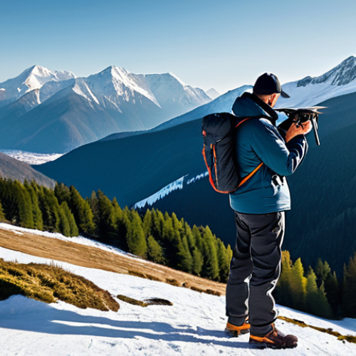 A professional male conservationist in a durable, modest outdoor jacket and trousers, operating an advanced drone with a thermal camera. He stands overlooking a vast, pristine mountain landscape resembling the Polish Tatras. The scene captures the drone flying above a dense forest with a distant view of snow-capped peaks, highlighting wildlife monitoring. The image is a professional photograph, highly detailed, perfect anatomy, correct proportions, well-formed hands, natural pose, safe for work, appropriate content, fully clothed, modest clothing, natural body proportions.