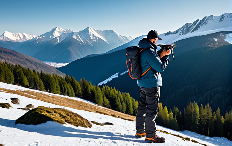 A professional male conservationist in a durable, modest outdoor jacket and trousers, operating an advanced drone with a thermal camera. He stands overlooking a vast, pristine mountain landscape resembling the Polish Tatras. The scene captures the drone flying above a dense forest with a distant view of snow-capped peaks, highlighting wildlife monitoring. The image is a professional photograph, highly detailed, perfect anatomy, correct proportions, well-formed hands, natural pose, safe for work, appropriate content, fully clothed, modest clothing, natural body proportions.