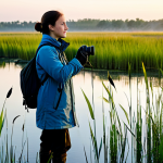 A professional female ecologist, fully clothed in modest, practical outdoor gear, observing a vibrant Polish wetland at dawn. Lush reeds and clear water reflect the soft light, with distant silhouettes of diverse water birds like cranes or storks. The scene evokes a sense of hope and natural beauty. Perfect anatomy, correct proportions, natural pose, well-formed hands, proper finger count, professional photography, high quality, safe for work, appropriate content, family-friendly.