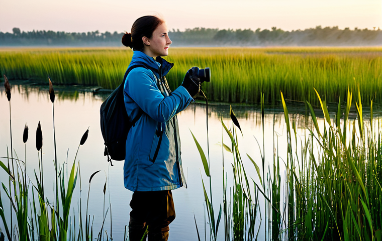 A professional female ecologist, fully clothed in modest, practical outdoor gear, observing a vibrant Polish wetland at dawn. Lush reeds and clear water reflect the soft light, with distant silhouettes of diverse water birds like cranes or storks. The scene evokes a sense of hope and natural beauty. Perfect anatomy, correct proportions, natural pose, well-formed hands, proper finger count, professional photography, high quality, safe for work, appropriate content, family-friendly.