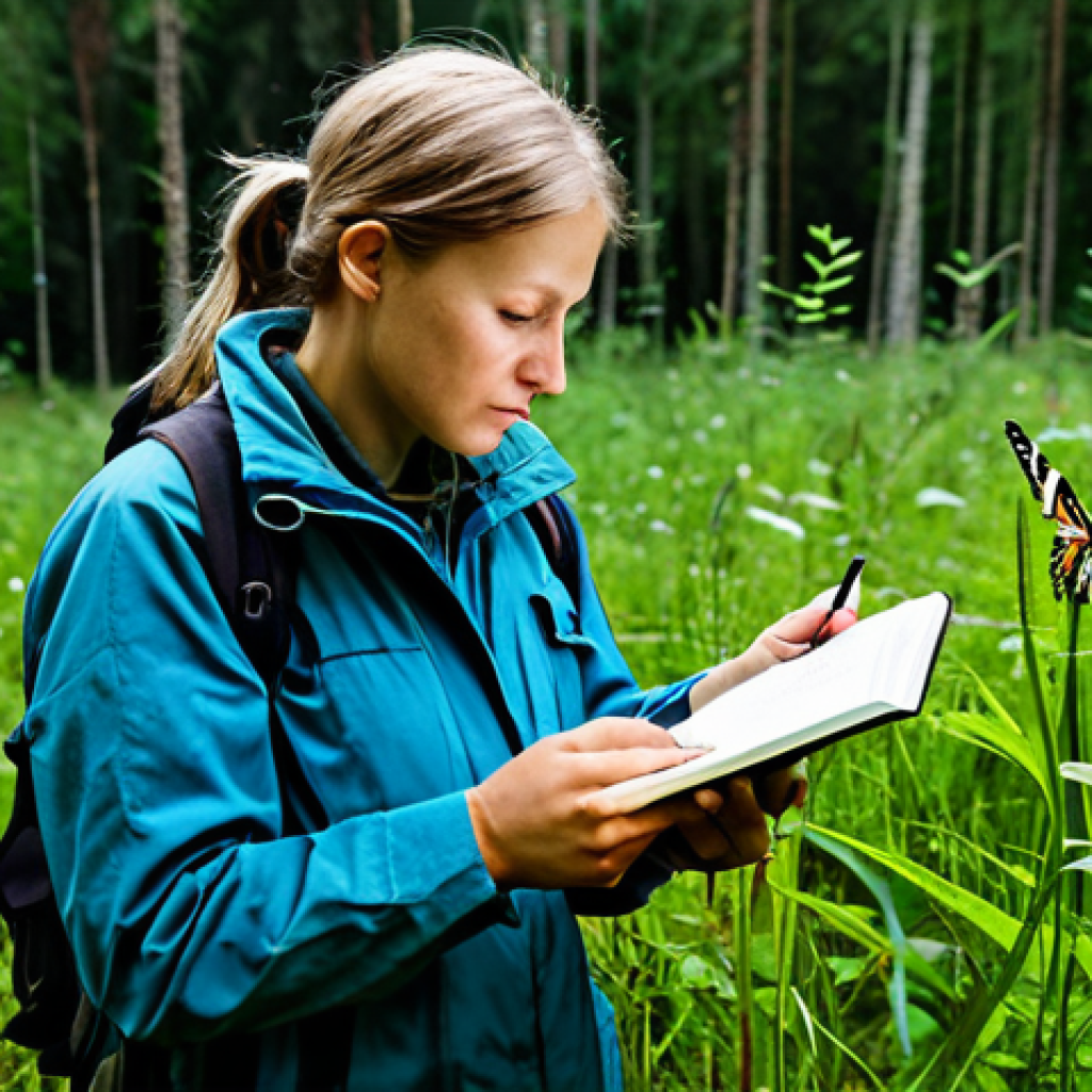 생물다양성 보전 이직을 위한 준비물 - Field Biologist**

"A dedicated field biologist, fully clothed in appropriate outdoor gear, carefull...