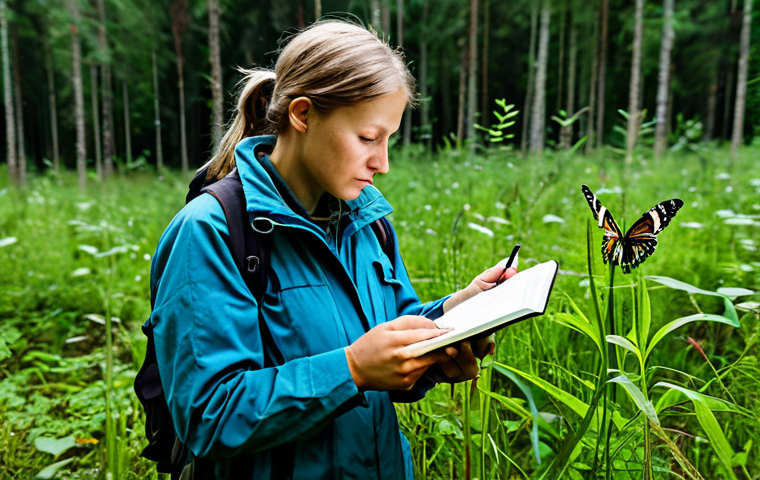생물다양성 보전 이직을 위한 준비물 - Field Biologist**

"A dedicated field biologist, fully clothed in appropriate outdoor gear, carefull...