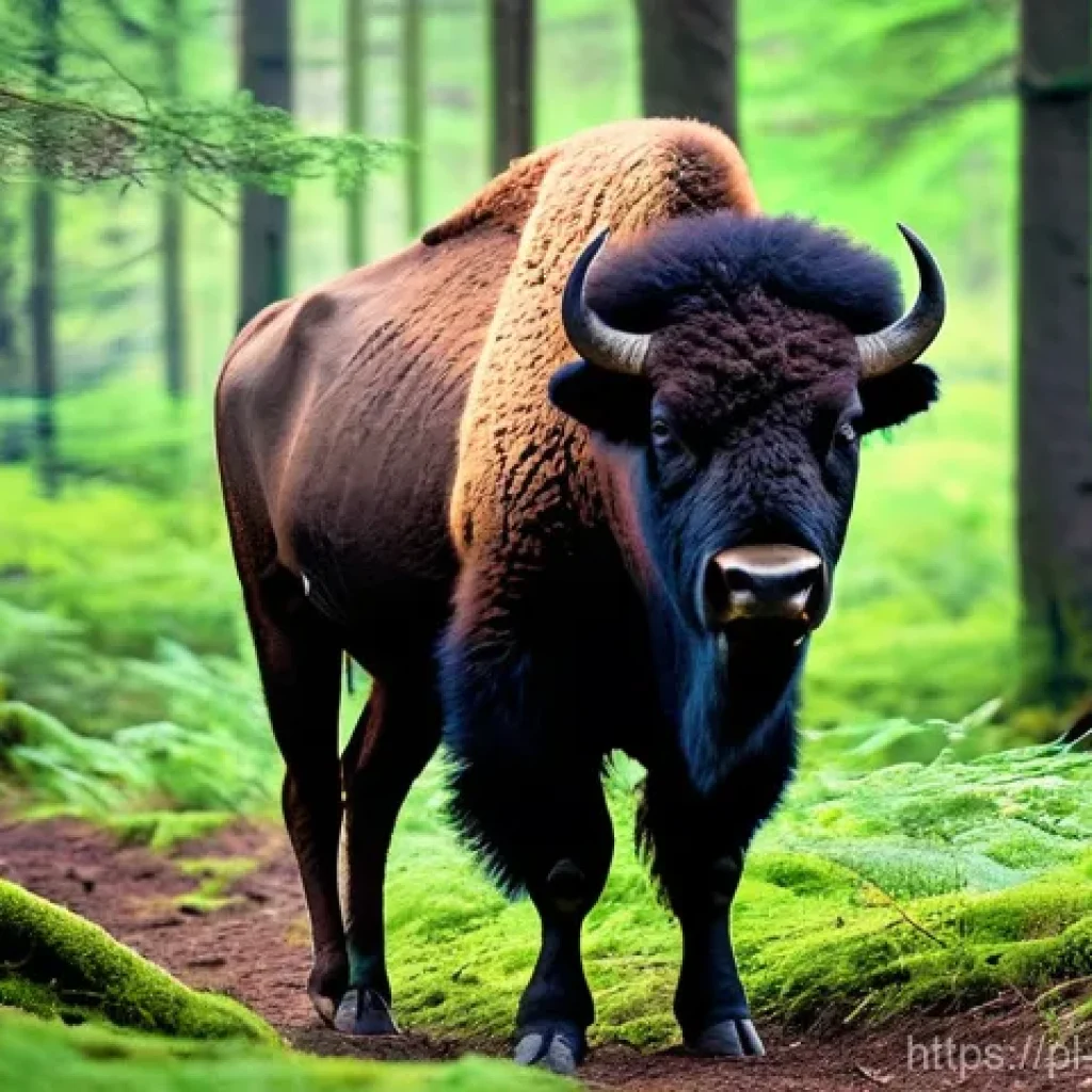 생물다양성 보전 정책 분석 - **Prompt:** A majestic European bison (Żubr) stands calmly amidst a dense, ancient forest in Białowi...
