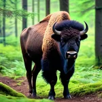 Home 15 생물다양성 보전 정책 분석 - **Prompt:** A majestic European bison (Żubr) stands calmly amidst a dense, ancient forest in Białowi...
