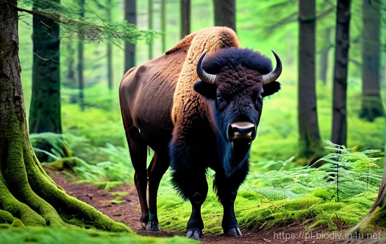 생물다양성 보전 정책 분석 - **Prompt:** A majestic European bison (Żubr) stands calmly amidst a dense, ancient forest in Białowi...