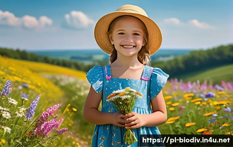 생물다양성 보전 직무 관련 전공 - **A young girl (around 7 years old) wearing a colorful sundress and a sunhat, playing in a field of ...
