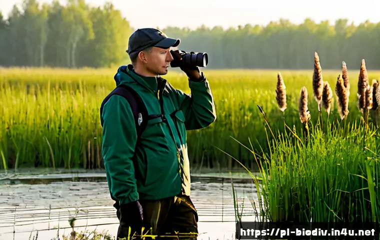 생물다양성 보전 전문가 직무 역량 - Photorealistic biodiversity conservation specialist conducting a wetland field survey in a Polish na...