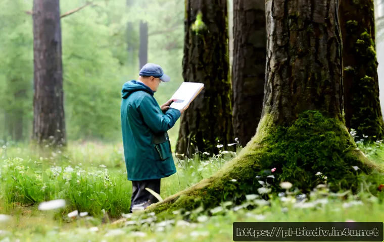 생물다양성 보전 전문가 이론 정리 - Photorealistic biodiversity conservation expert studying a diverse ancient temperate forest in easte...